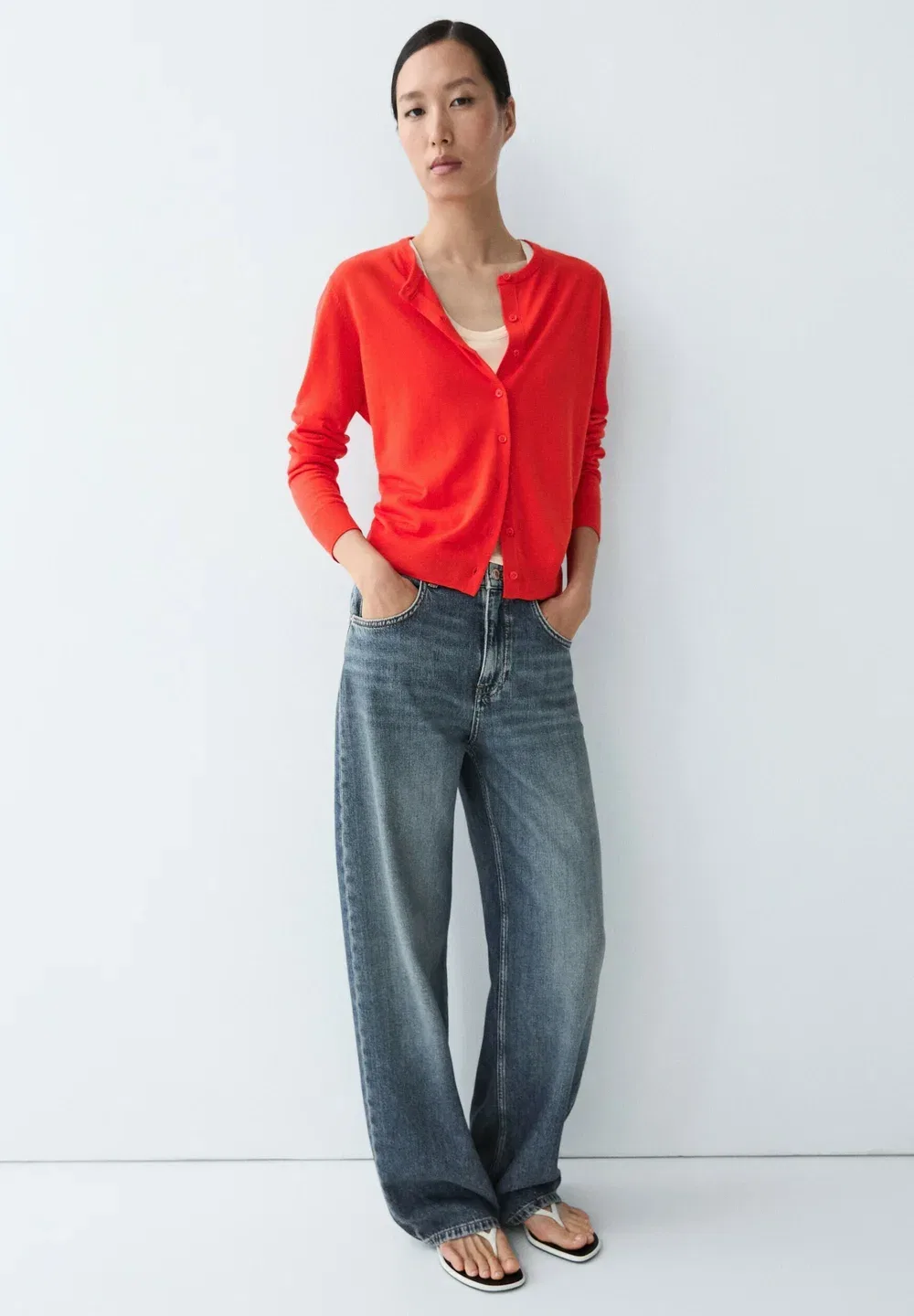 Кардиган с круглым вырезом, тонкой вязки Massimo Dutti, Red — фото 4