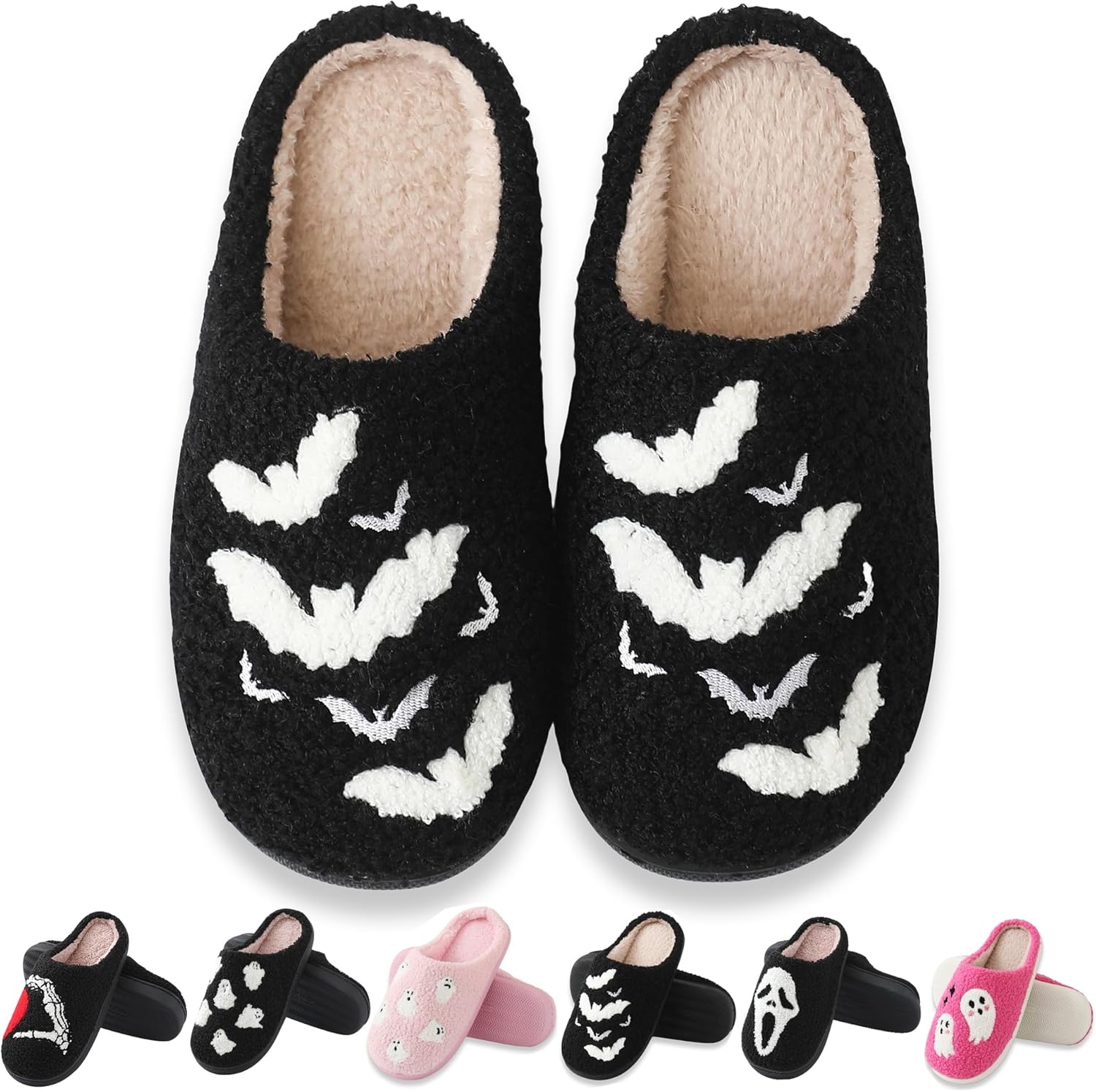 

Домашние тапочки на Хэллоуин для женщин и мужчин, в стиле ретро, из плюша с эффектом памяти, мягкие и теплые, в виде привидений, праздничные, без шнурков, для дома и улицы Qbriuqzp, Bat