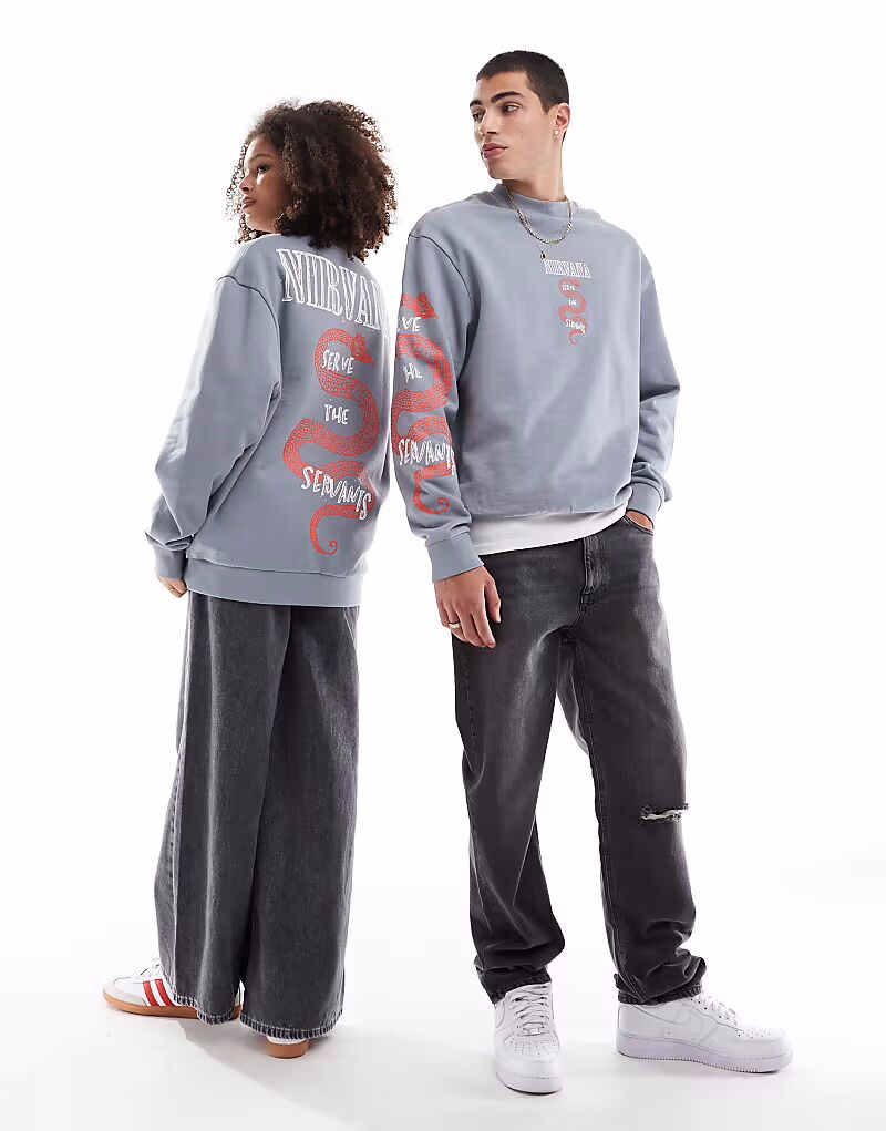 

Свободная толстовка унисекс с принтом Nirvana Serve The Servants серого цвета Asos Design