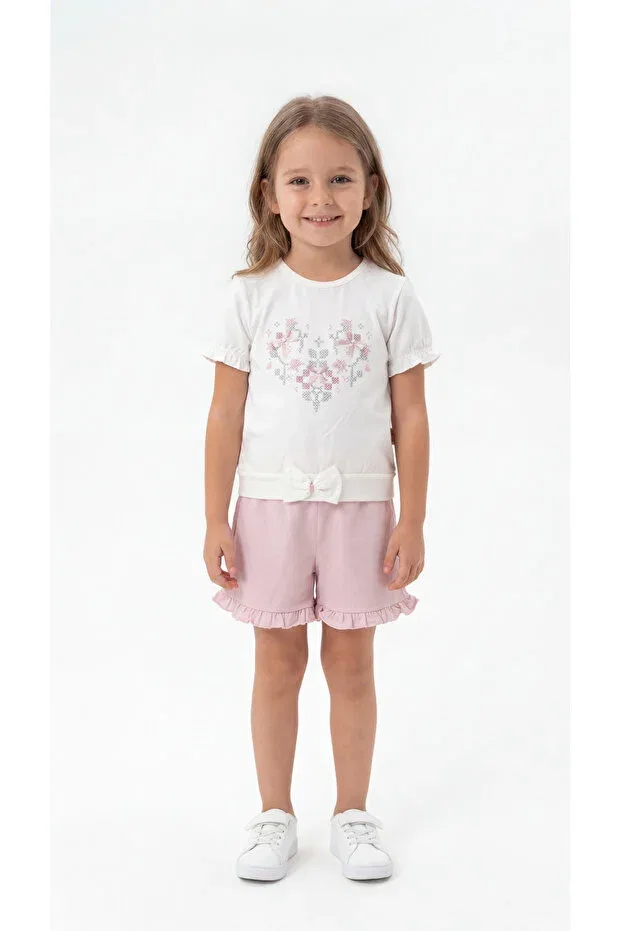 Детский комплект для девочек с вышивкой Embroidered bowknot combed cotton girls' t-shirt and shorts set Mışıl Kids, Pink