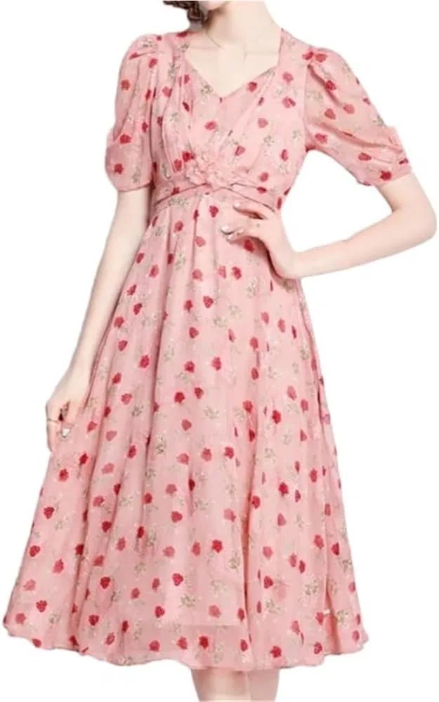 Женское платье-трапеция с цветочным принтом, с коротким рукавом, Vintage Summer, розовый