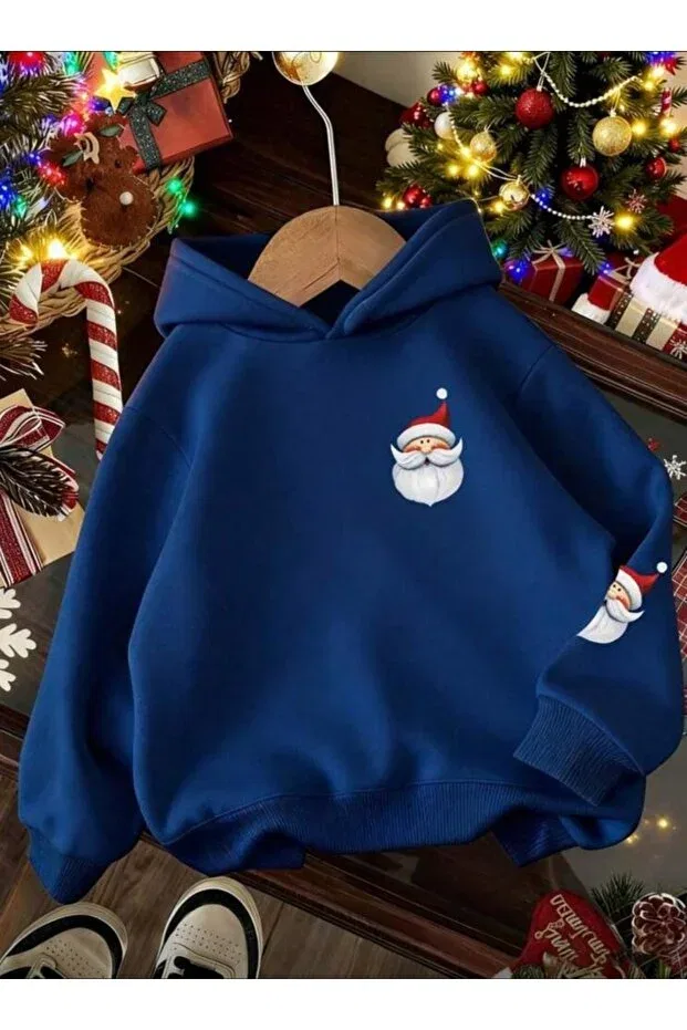 Детское худи для девочек с принтом Santa Printed Hooded Sweatshirt Hoodie Christmas Special Baxia, Navy Blue — фото 2