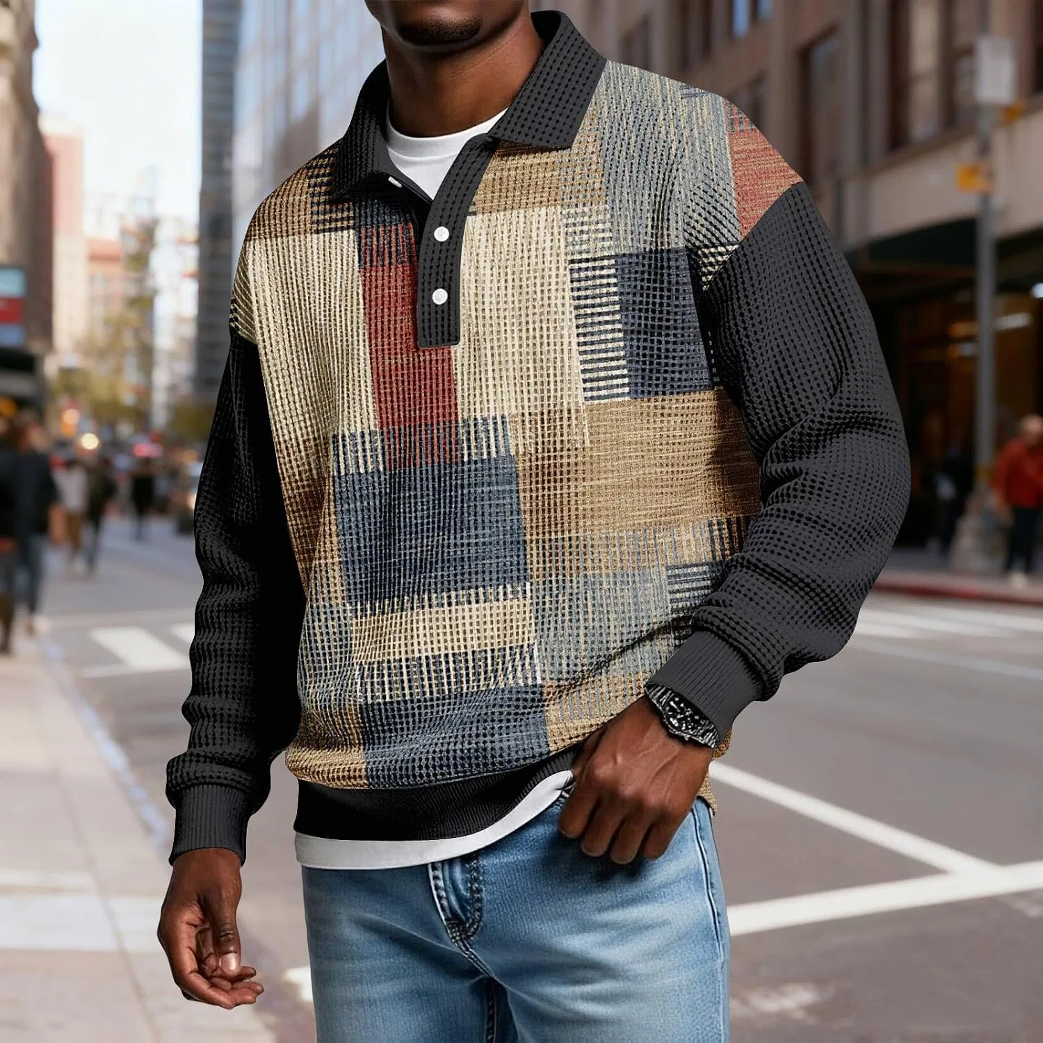 Мужской пуловер с вязаным воротником-поло Patchwork Knit, 01-khaki — фото 3