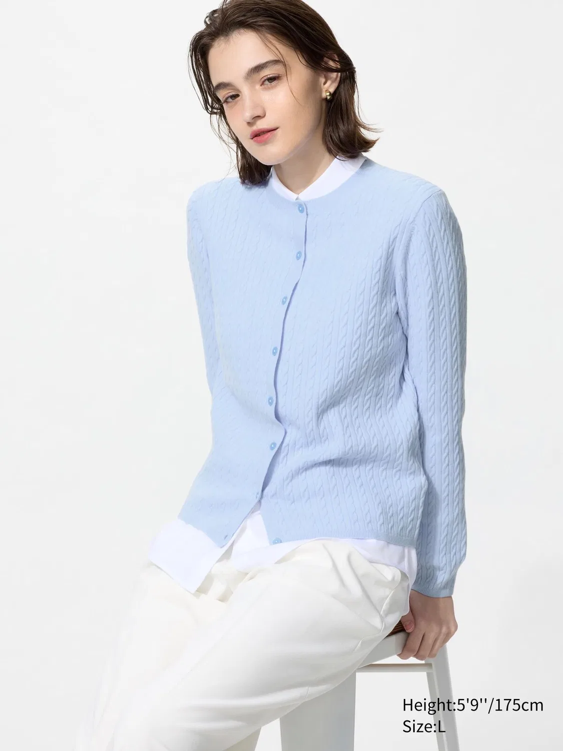 Кардиган Uniqlo, с круглым вырезом и мини-косая вязка, светло-голубой