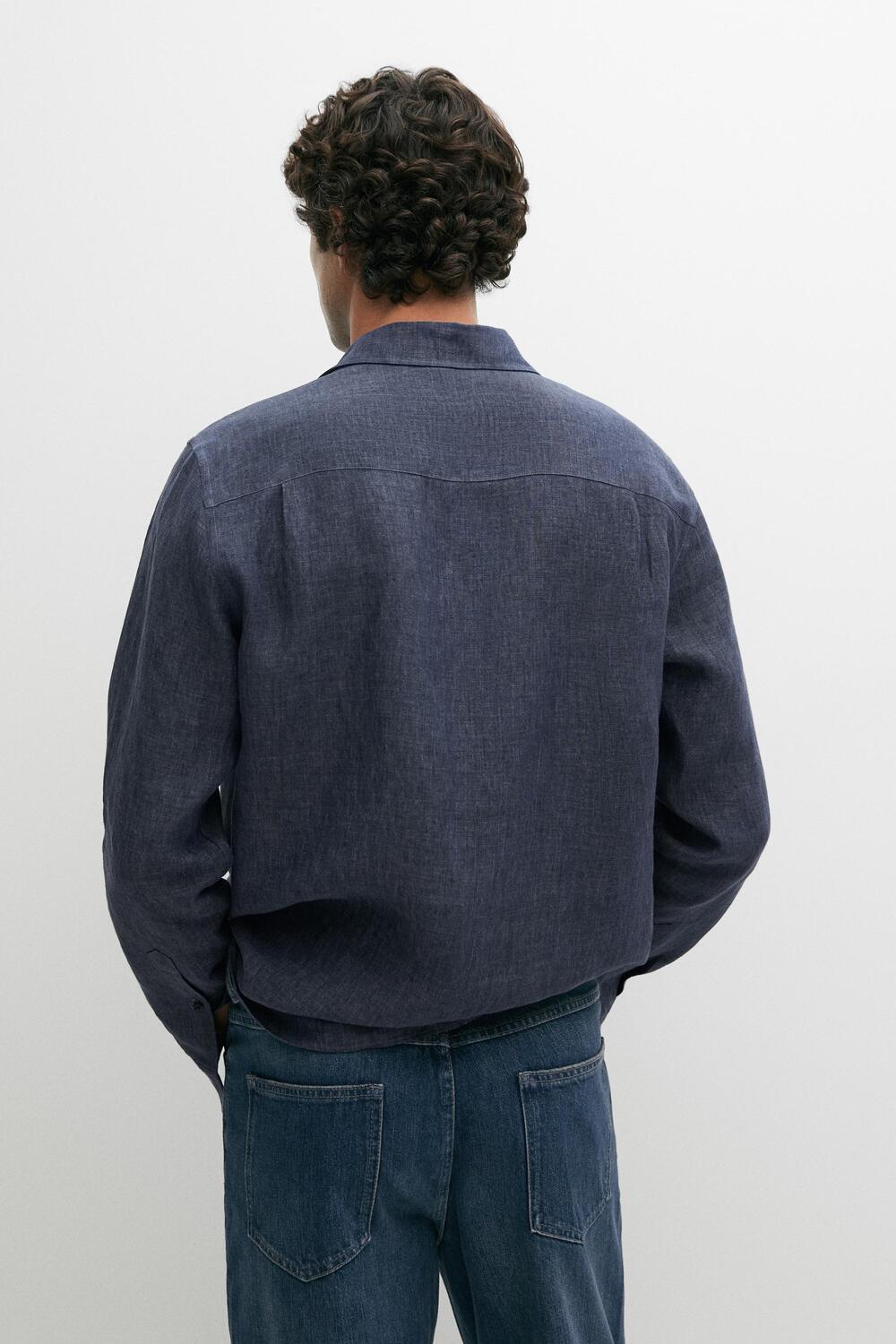 Рубашка Massimo Dutti 100% Linen With Pocket, синий — фото 4