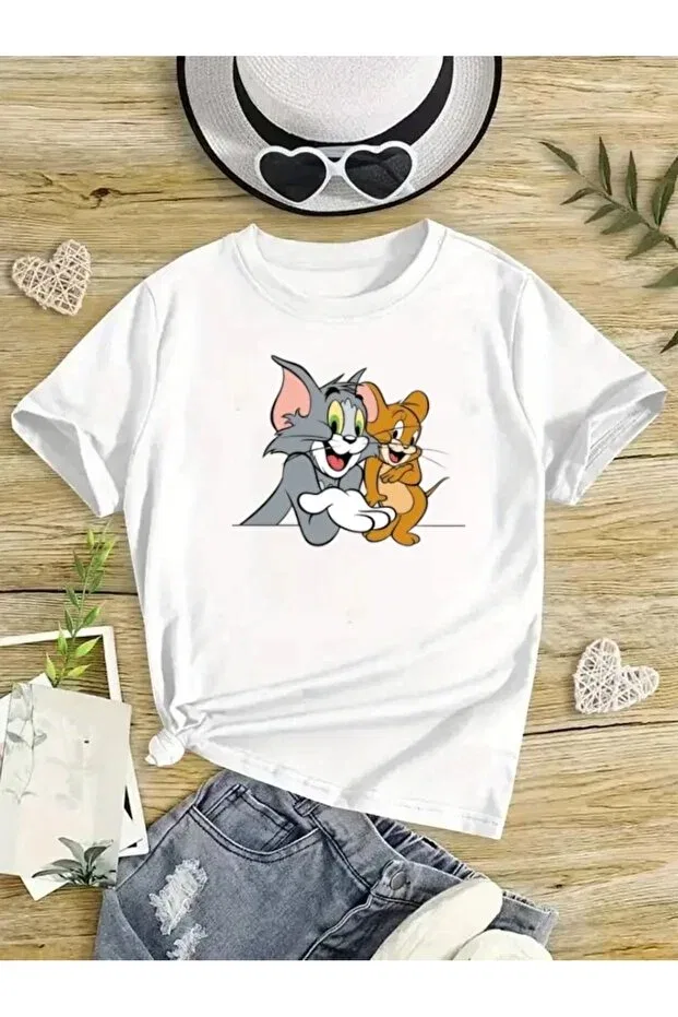 Детская футболка для девочек с принтом Tom and Jerry Oversize New Shine, White