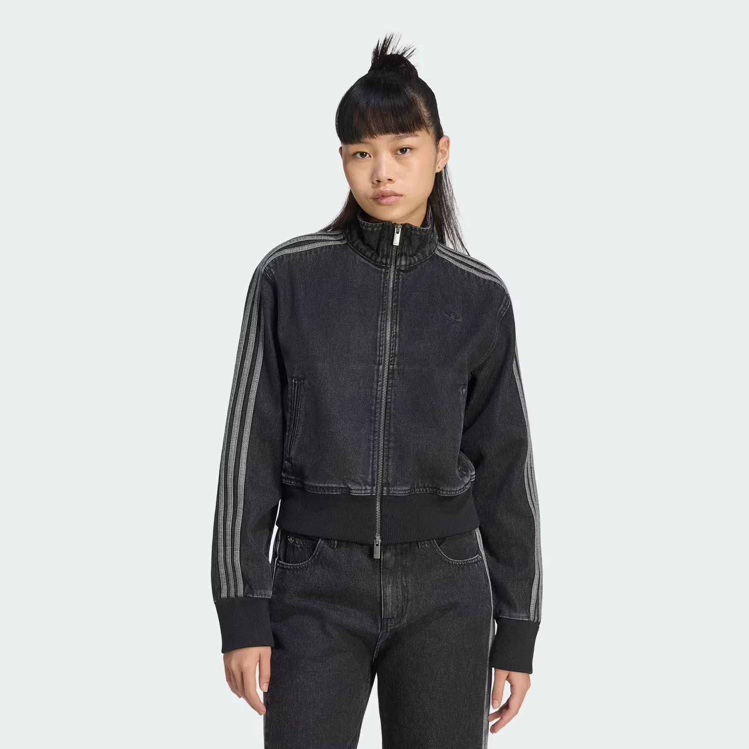 Женская джинсовая куртка с высоким воротом Firebird Denim Tracktop Adidas Originals, черный деним