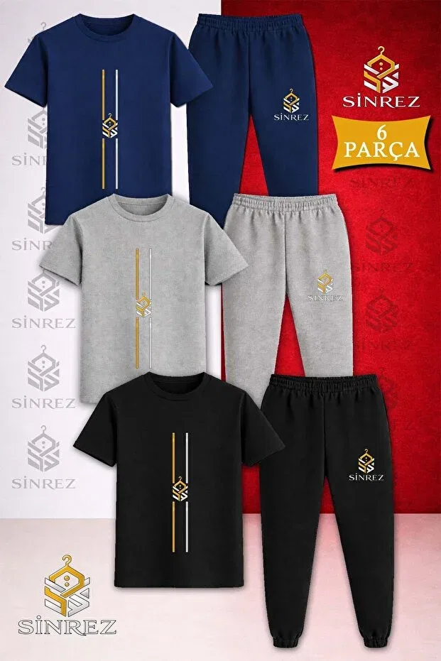 Детский комплект для девочек с принтом Children'S Logo Dik Iki Cizgi Printed 3-Piece T-Shirt And Tracksuit Set Sinrez, Black - Gray - Navy Blue