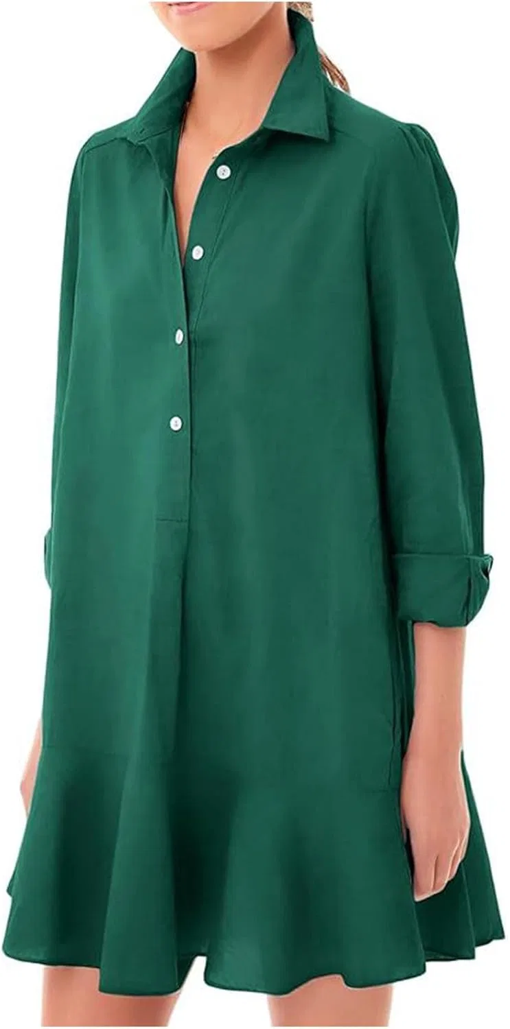 Женское платье с пуговицами и рюшами, 3/4 рукав, Green