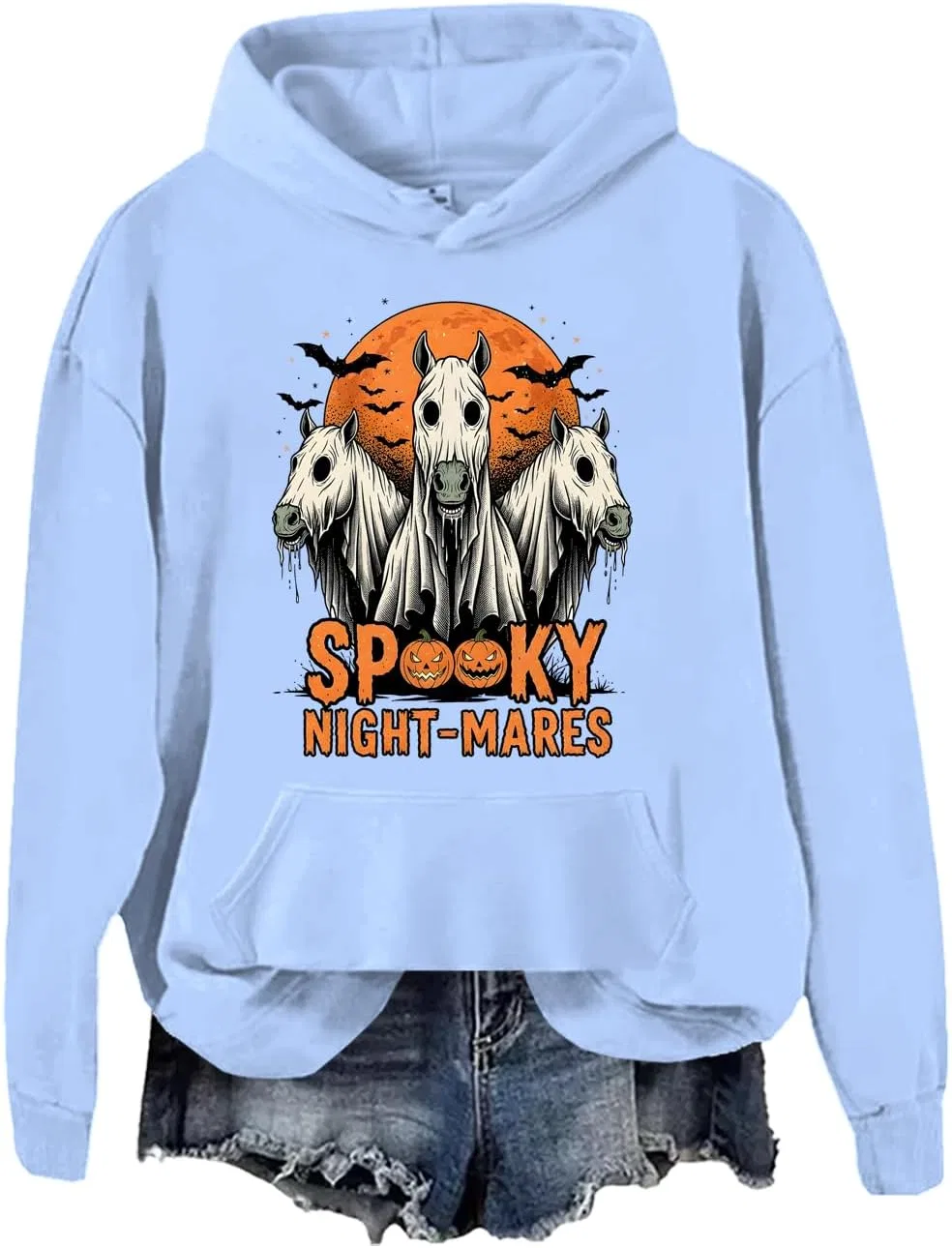 Женский свитшот с принтом Spooky Night-Mares, хлопковый, светло-голубой