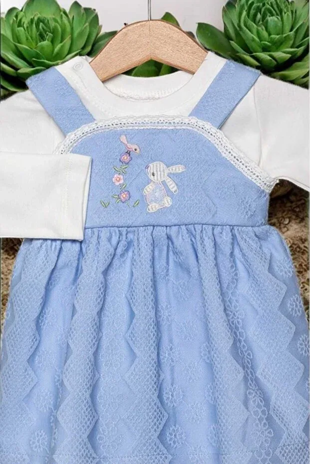 Детское платье для девочек с вышивкой Rabbit Embroidered Badı Pique Dinamik Çocuk, Blue — фото 3