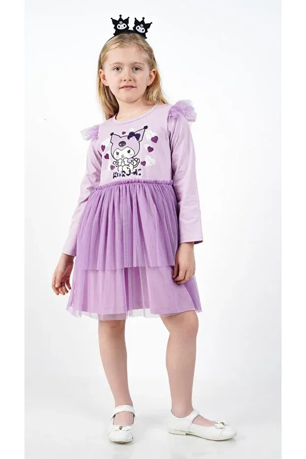 Детское платье для девочек с принтом Kuromi lilac tulle detailed girl's dress Buse&Eylül Bebe, Purple