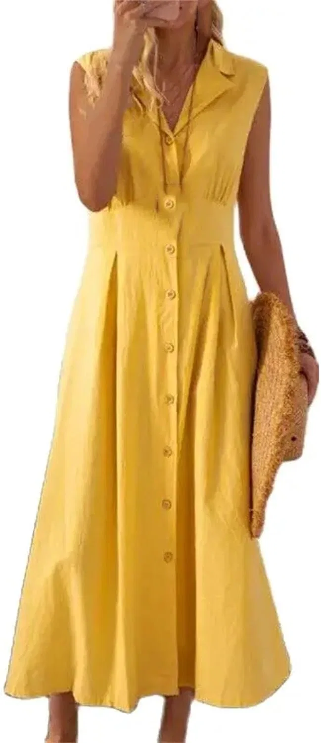 Женское платье с лацканами без рукавов A-силуэта, Yellow — фото 2