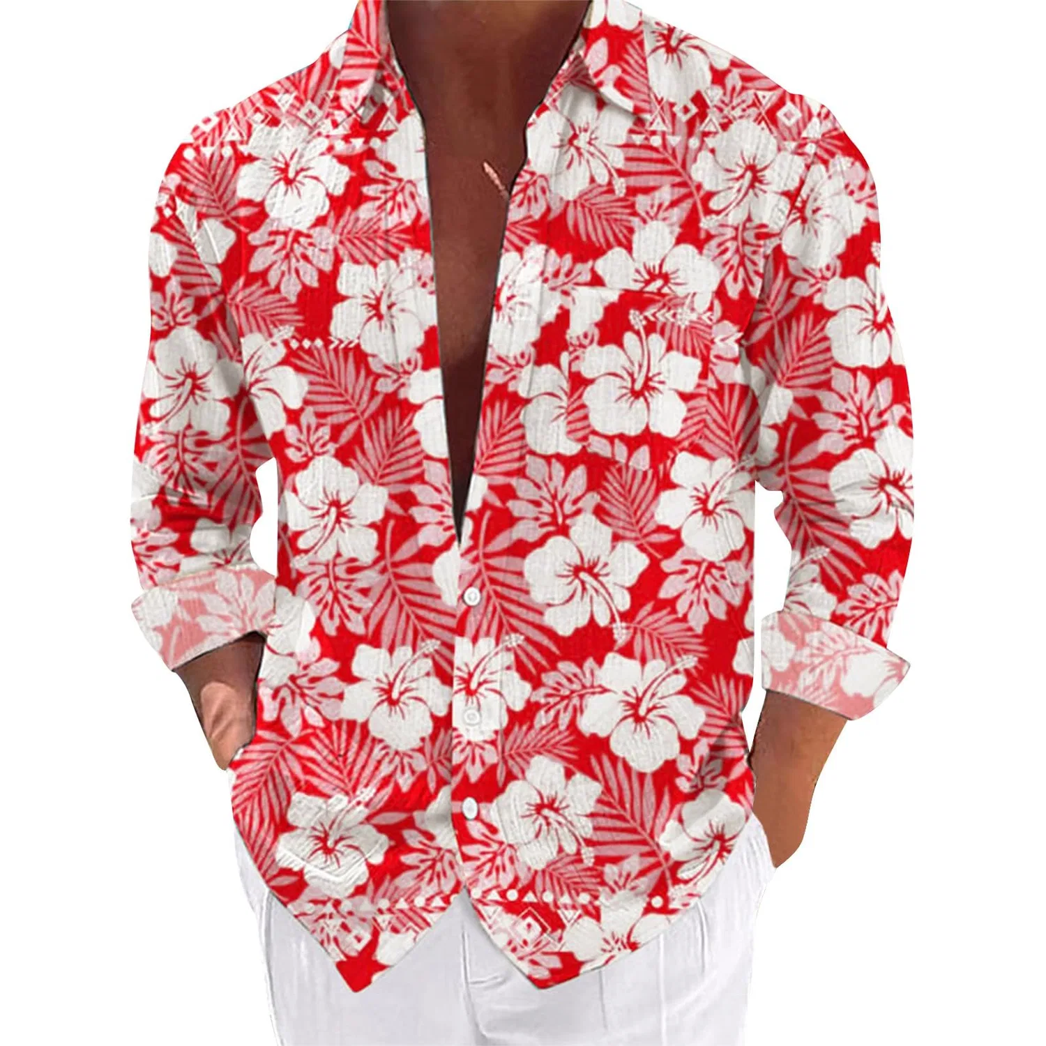 Мужская рубашка с принтом Summer Hawaiian Shirts Men Casual Loose Shirt Stand Collar Long Sleeve Shirt with Pocket Flower Beach Shirts Button Down Tops Regular Fit Holiday Tops, Red