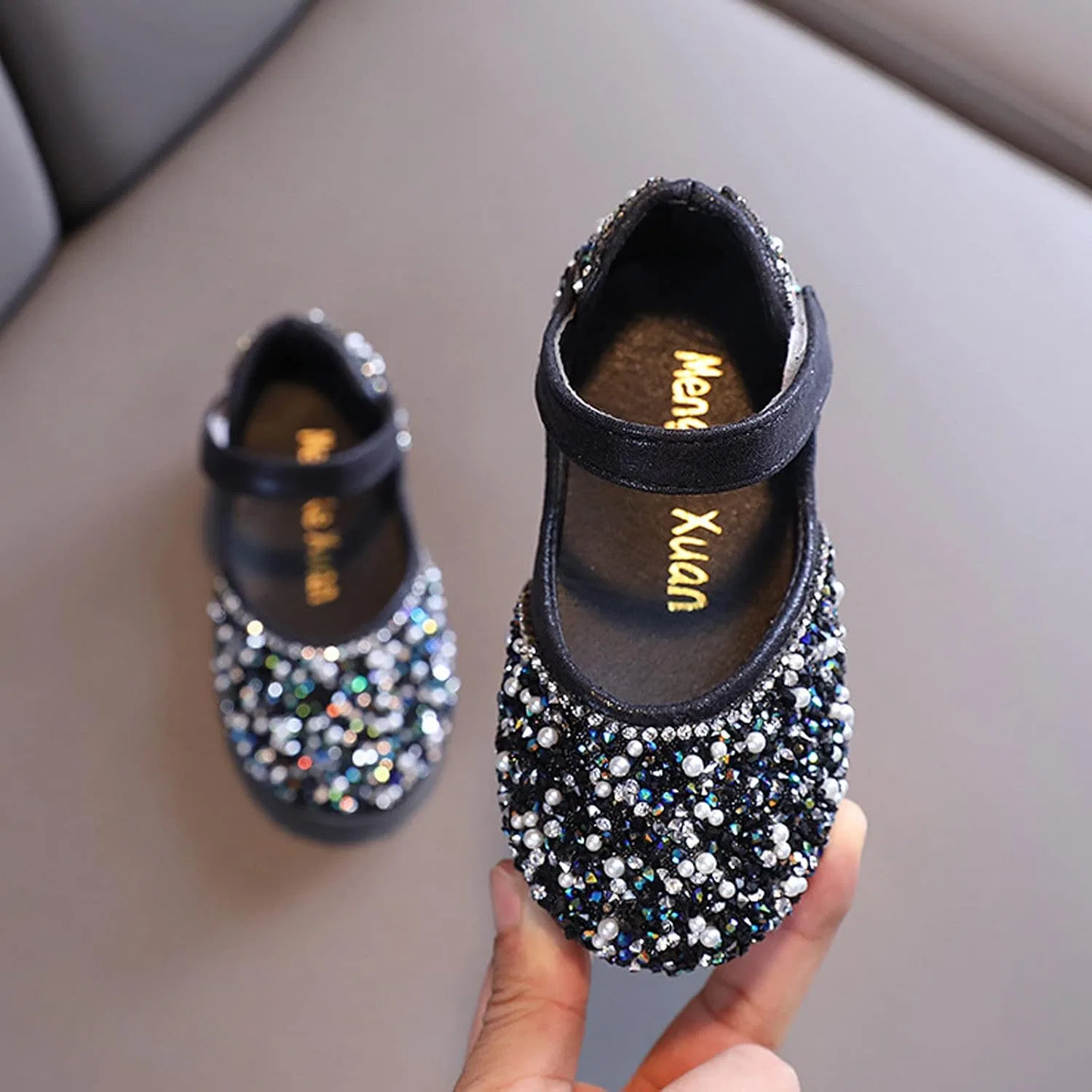 Детские балетки для девочек со стразами Mary Jane Rhinestone Studded Slip On Ballet Flat, Black — фото 3