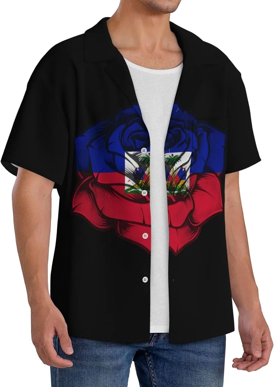 Мужская свободная рубашка с коротким рукавом и гавайским принтом Haiti Flag, Black — фото 2