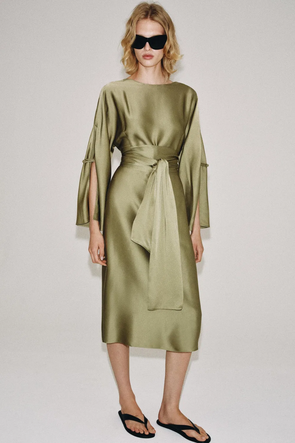 Атласное платье миди из коллекции ZW ZARA, Olive green — фото 4