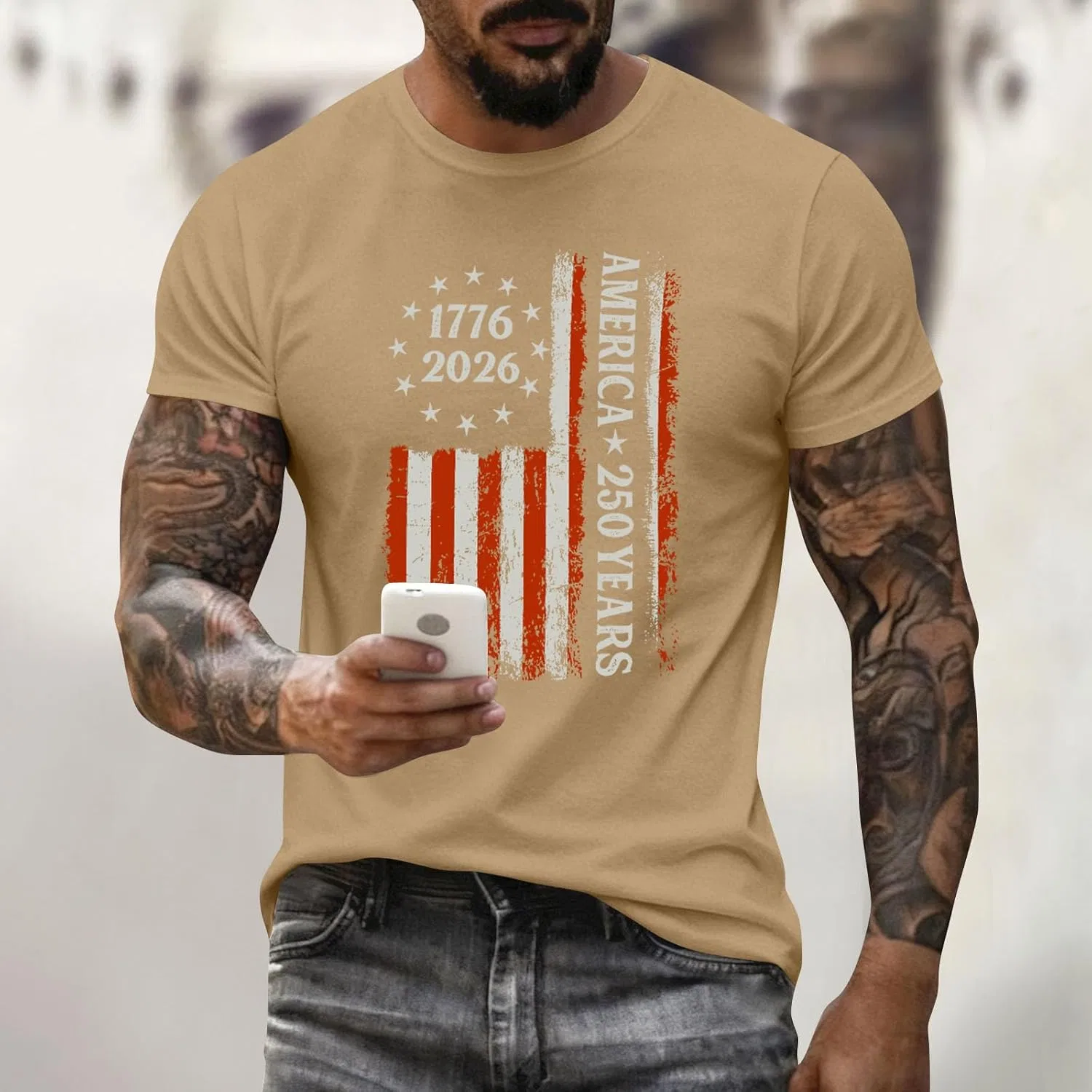 Мужская футболка с американским флагом, Short Sleeve Crewneck, Khaki — фото 2