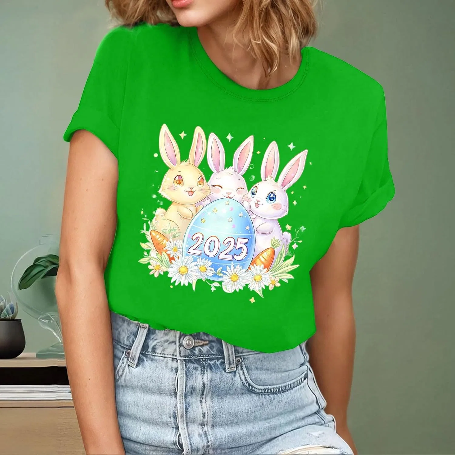 Женская свободная футболка с кроликом Easter, Green-2 — фото 2