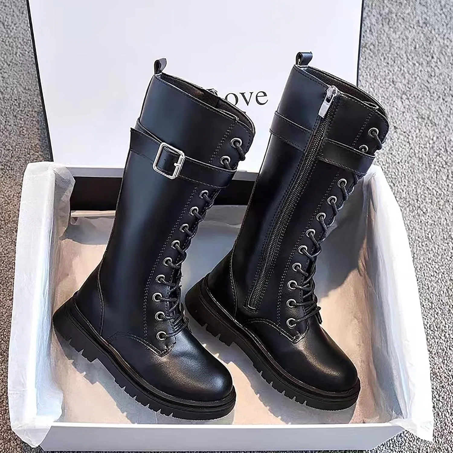 Детские ботинки на шнуровке с молнией сбоку для девочек, модель Goth Side Zipper, Black — фото 3