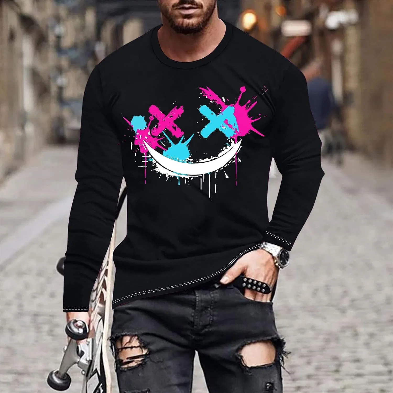 Мужская футболка с графическим принтом X-Eye-Face Dripping Paint Graffiti, Black — фото 2