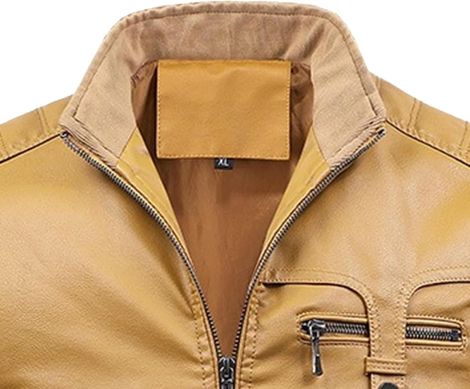 Мужская куртка из экокожи с воротником-стойкой, модель Motorcycle Leather Jacket, жёлтый — фото 2
