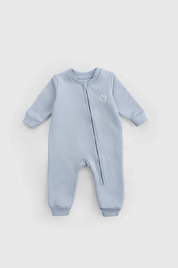 Детский комбинезон для новорожденных хлопковый с флисом Organic cotton blue zippered baby romper with fluffy inside Little Gusto, Blue