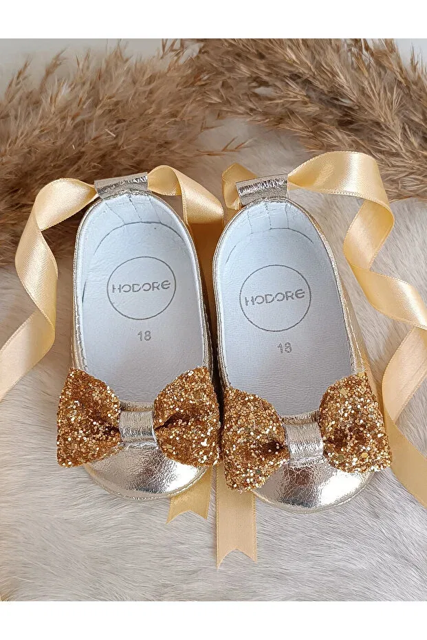 Детские туфли-лодочки из натуральной кожи Perla gold Hodore, With Gold Stones — фото 2