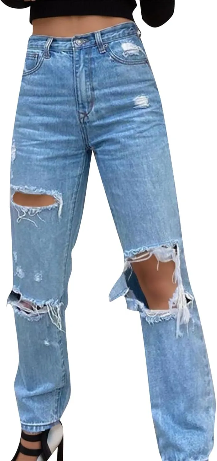 

Джинсы женские High Waist Loose с потертостями