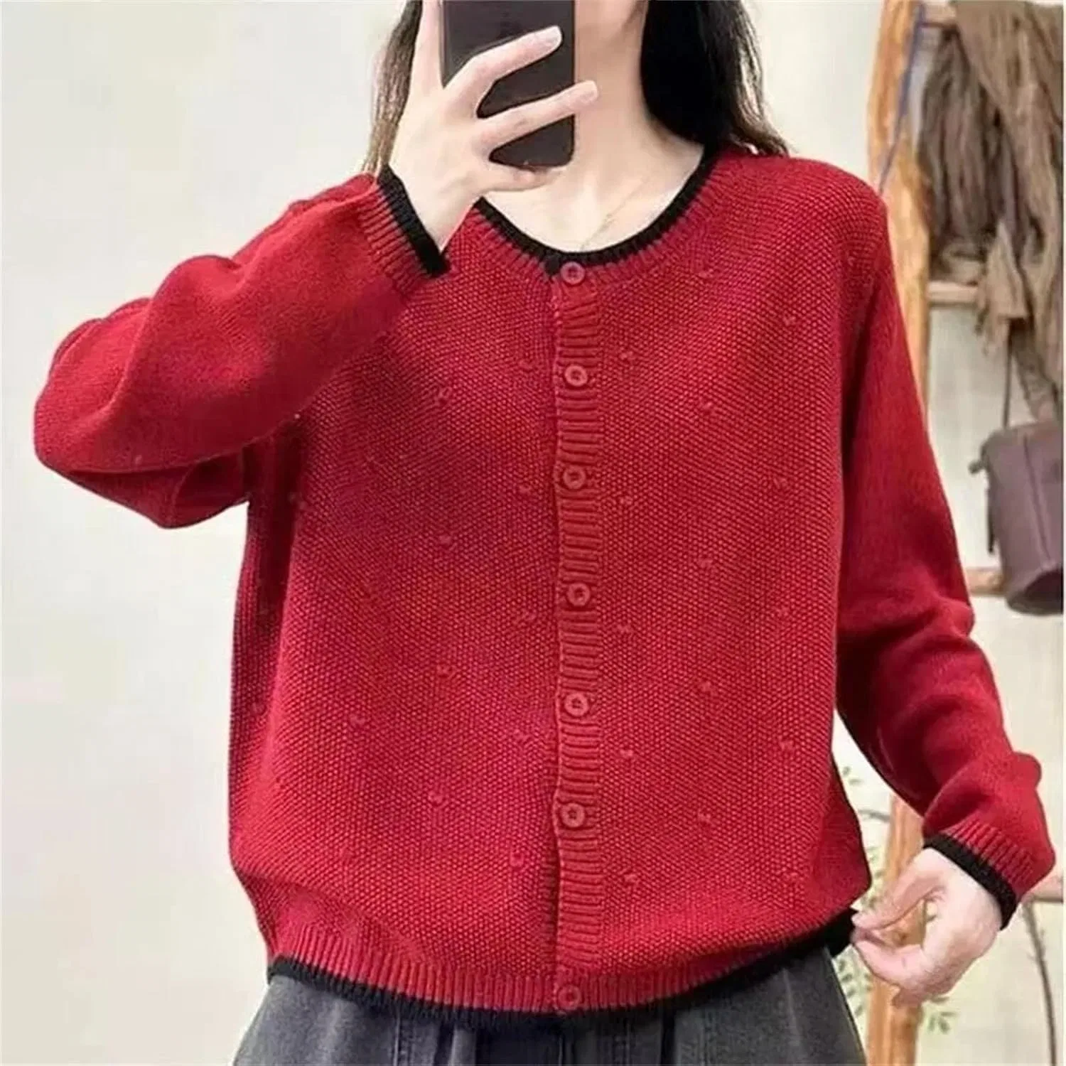 Женский кардиган с длинным рукавом, Vintage All-Match Chic Patchwork, зелёный — фото 4