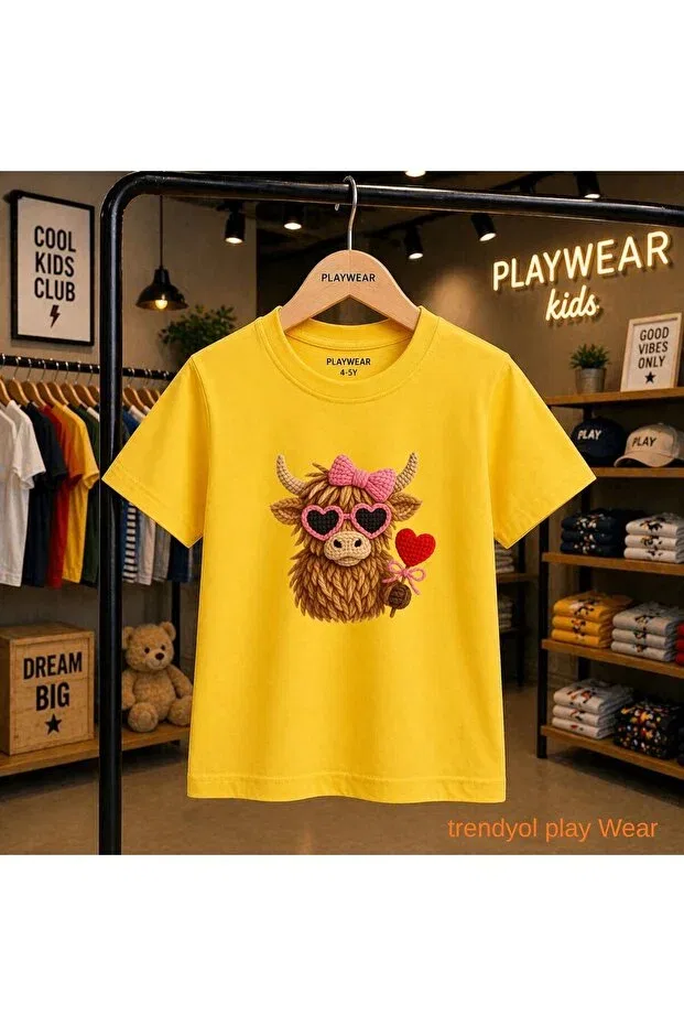 Детская футболка с принтом Knitted Horn Heart Glasses Playwear, Yellow