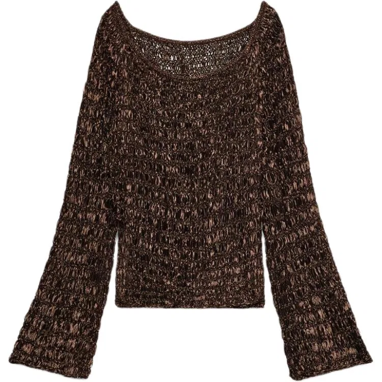 Женский трикотажный джемпер с лодочкой Brown ZARA, Brown — фото 3