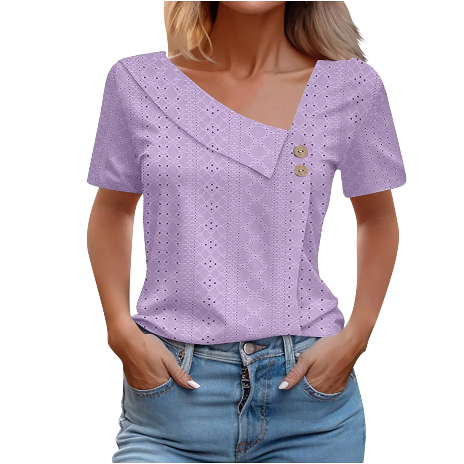 Женская блузка с V-образным вырезом Elegant Loose V-Neck Solid Color Button Neck Top, Purple-1