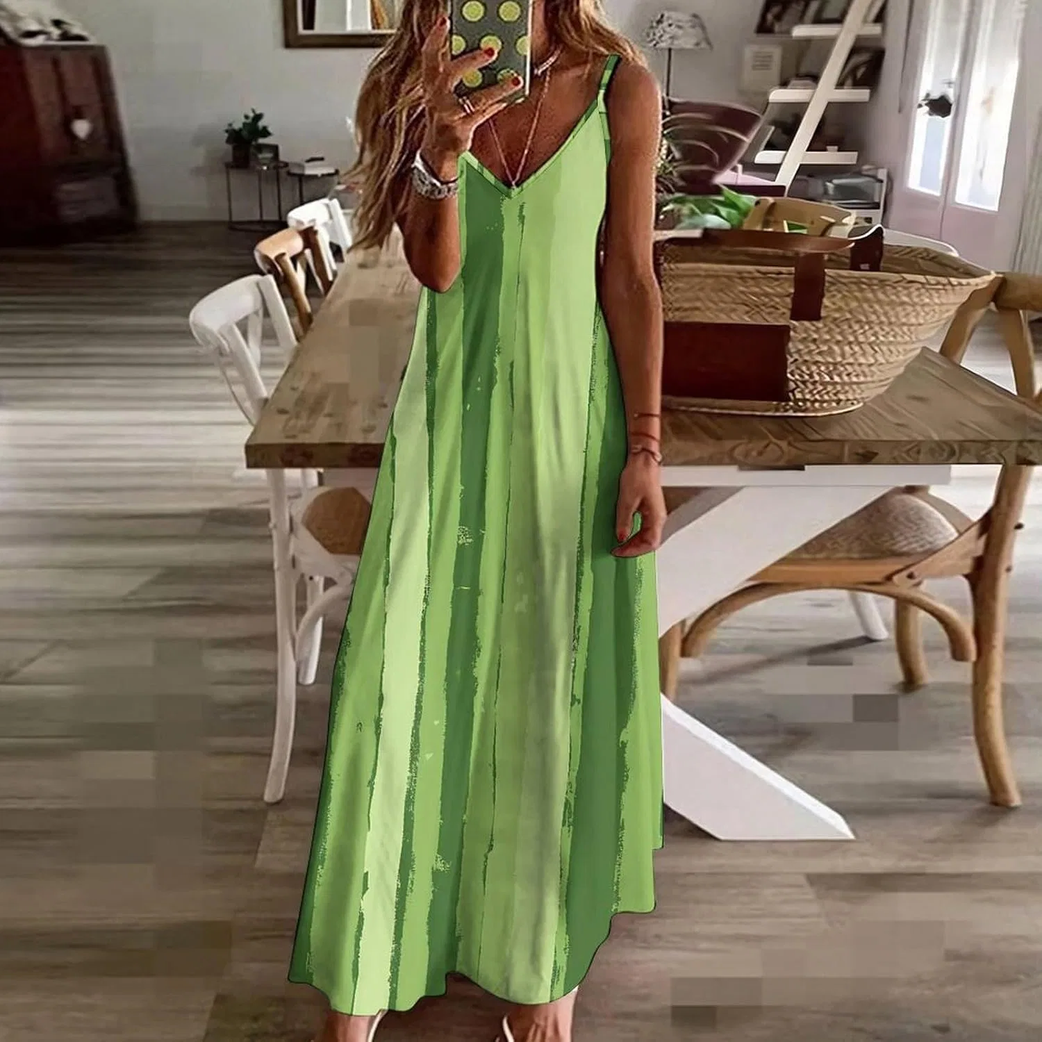 Женское свободное платье-макси на бретелях с полосками, Green Stripes — фото 2
