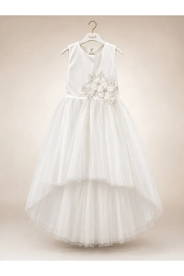 Детское платье для девочек с принтом Floral patterned appliqued top design girls white evening dress wedding, graduation Lindissima, White — фото 4