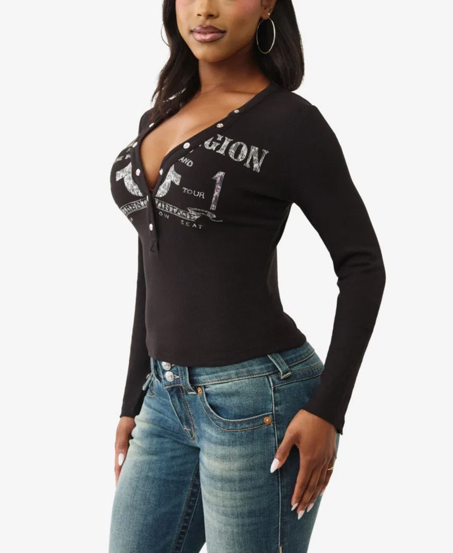 Женская футболка-поло с длинным рукавом и принтом True Religion, Jet Black — фото 2