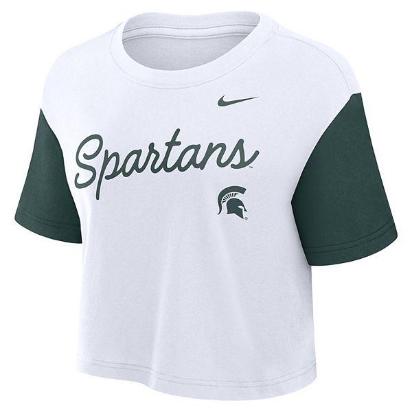 Женская бело-зеленая футболка Michigan State Spartans с контрастными вставками и принтом Nike — фото 3
