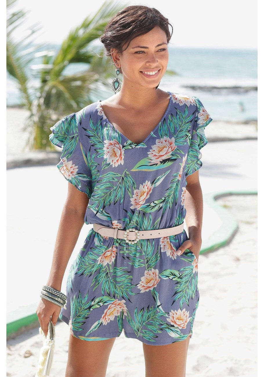 

LASCANA Женский цветочный комбинезон с вырезами, темно-синий