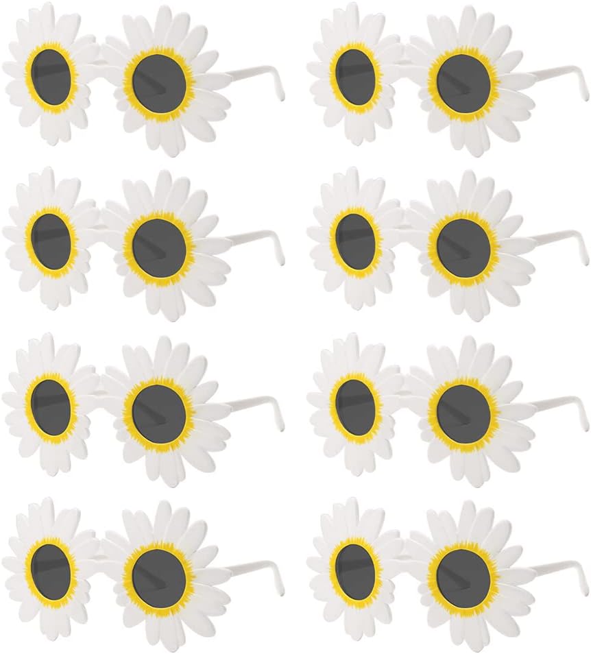 

LUOZZY 8 шт. Солнцезащитные очки Daisy для женщин, круглые очки с цветочным рисунком, модные диско- и фестивальные солнцезащитные очки для летних вечеринок, линзы цвета белого чая, As Shown