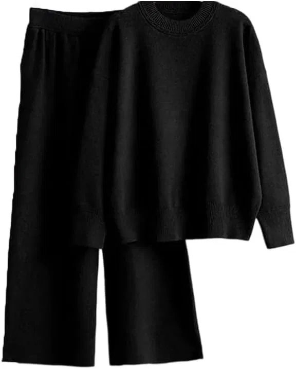Женский костюм из трикотажа, свитер с круглым вырезом и брюки прямого кроя, Black