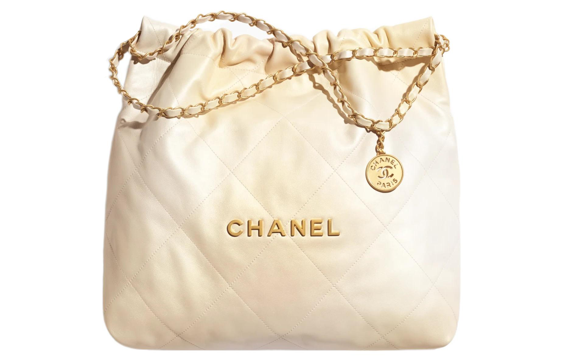 

CHANEL Сумка-ведро из телячьей кожи через плечо на пояс среднего размера женская с жемчужным и белым градиентом
