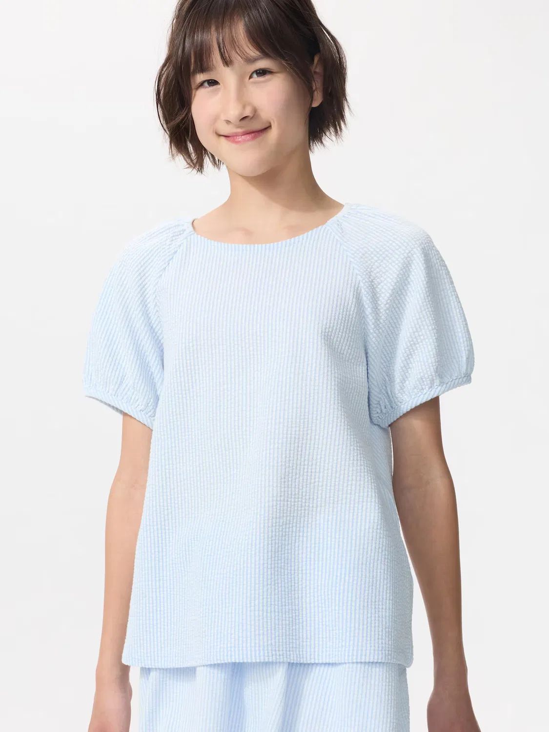 Футболка Uniqlo, с пышными рукавами, светло-голубая