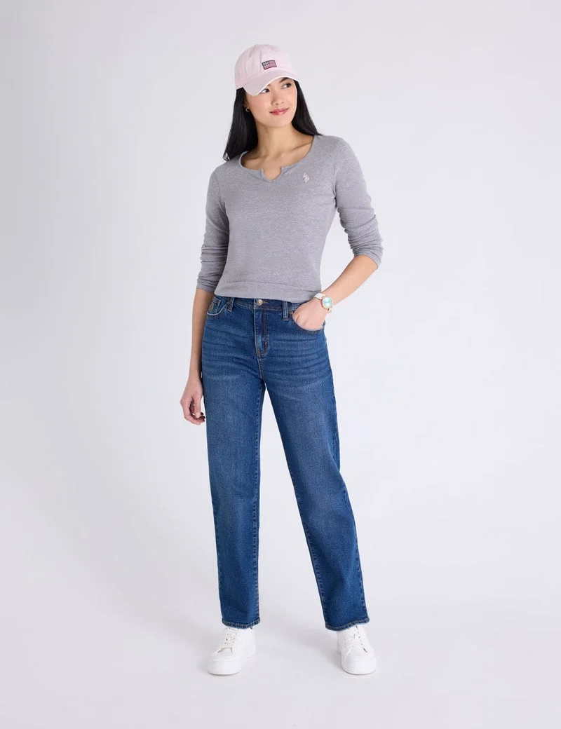 Лонгслив U.S. Polo Assn. Notch Neck T-Shirt, меланжевый серый — фото 3