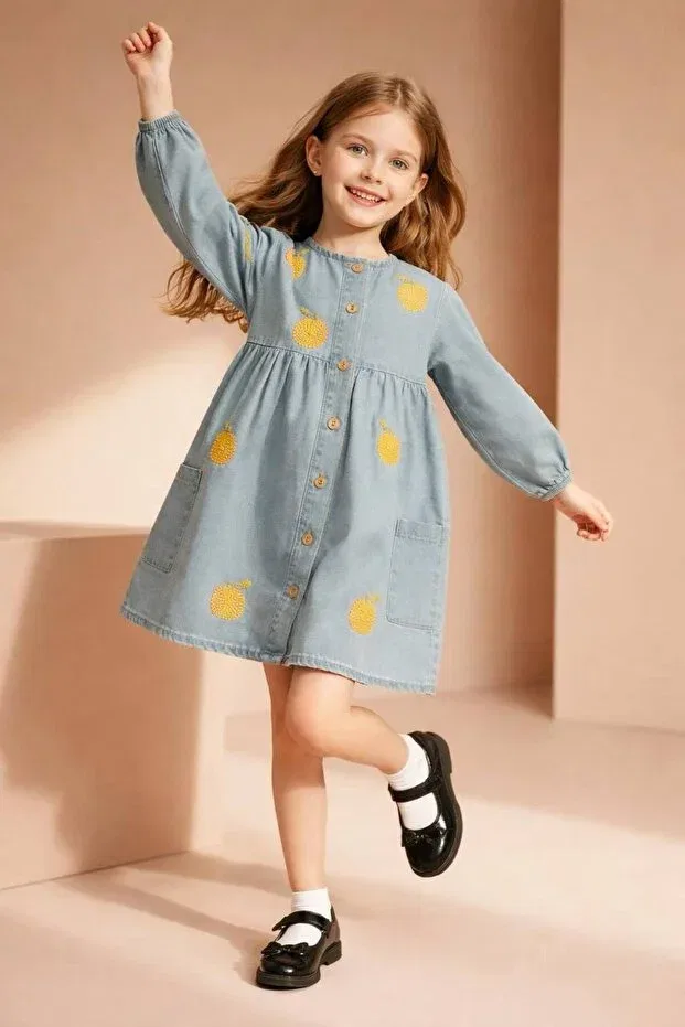 Детское платье из денима с вышивкой для девочек Fruit Embroidered Denim Girls' Loose Dress Alvadonna, Blue — фото 2