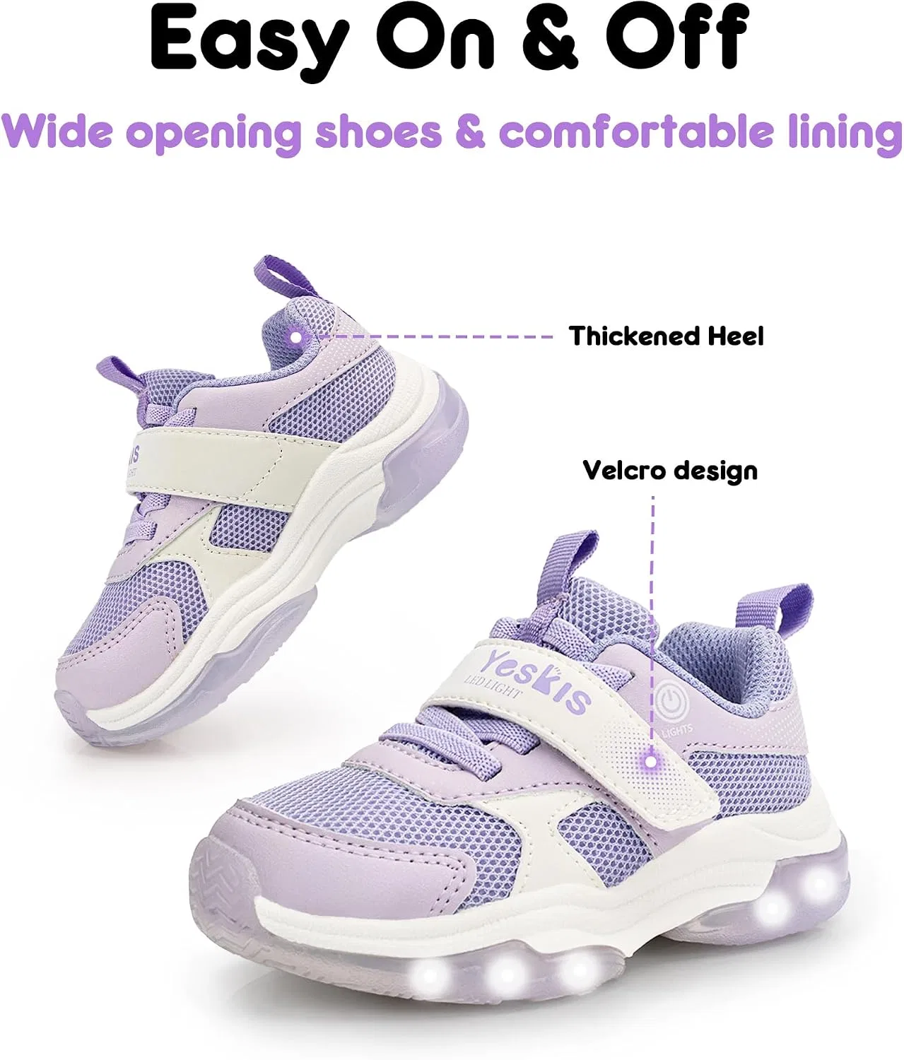 Детские кроссовки для девочек со светящейся подошвой YESKIS, Purple Light Up Sneakers — фото 4