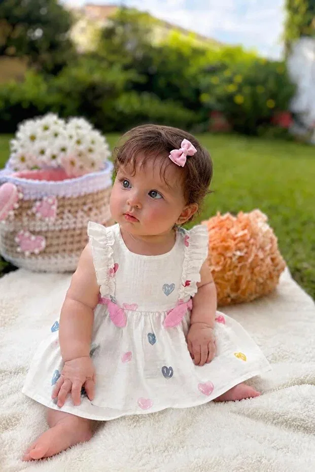 Детское платье для девочек муслиновое My Little One's Muslin Colorful Heart Printed Bowknot Baby Girl Dress Minigimin Cicileri, Pink — фото 3