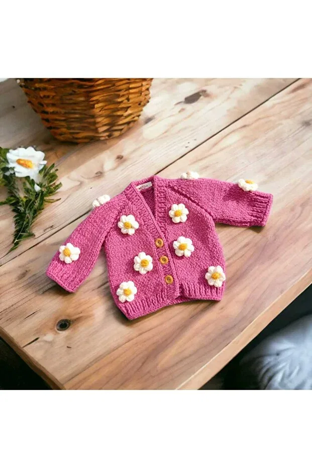 Детский вязаное кардиган с цветочным принтом Hobice Satış, Pink
