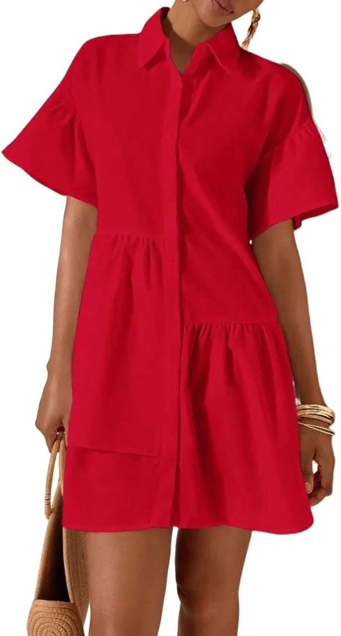 Женское повседневное платье с рюшами, Short Sleeve Loose Vacation Dress, Red
