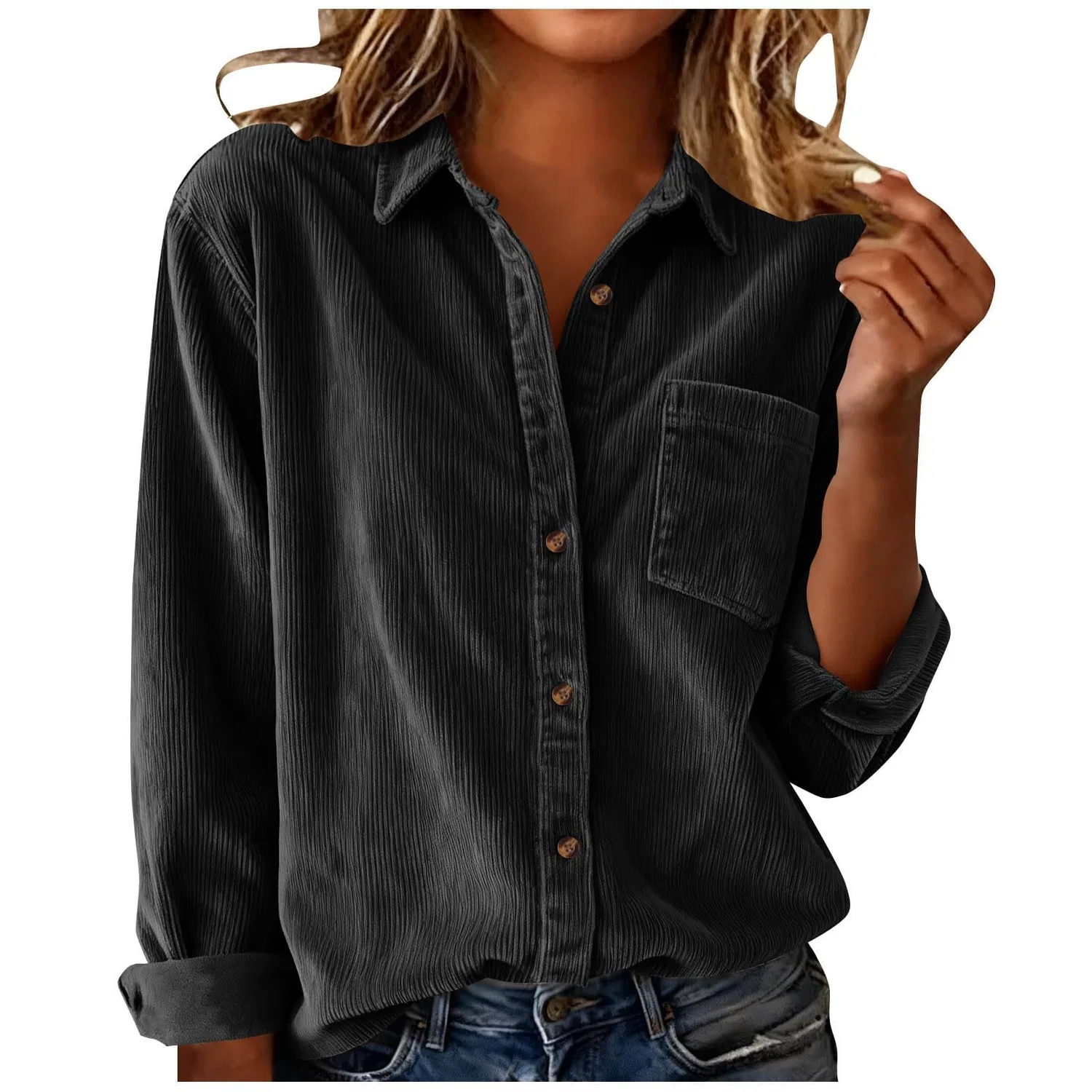 Женская рубашка из вельвета с длинным рукавом Oversized Boyfriend, Black