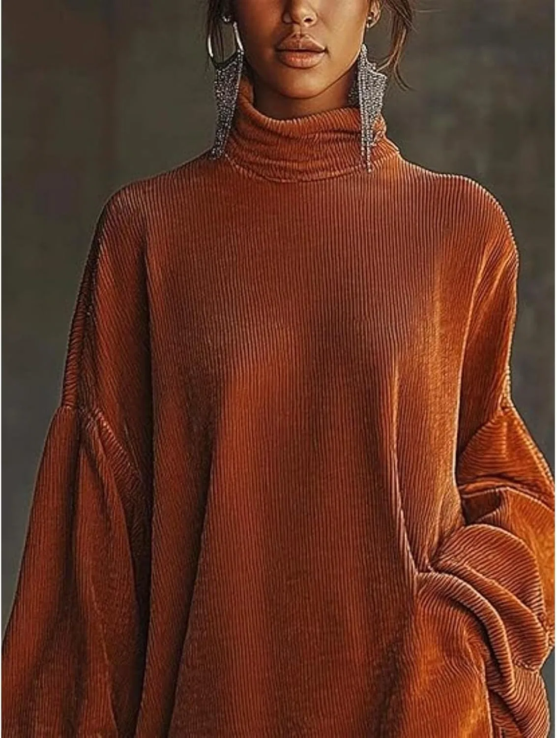 Женское платье из вельвета с воротником-стойкой и бахромой, Oversized, Pink — фото 2